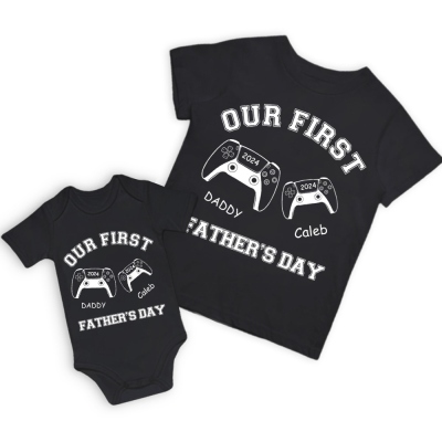 Personalisiertes Namensspielkonsolen-Eltern-Kind-Shirt, Papa und Baby passendes Gaming-Shirt, Baumwoll-T-Shirts/Strampler, Vatertagsgeschenk für frischgebackene Väter/Babys