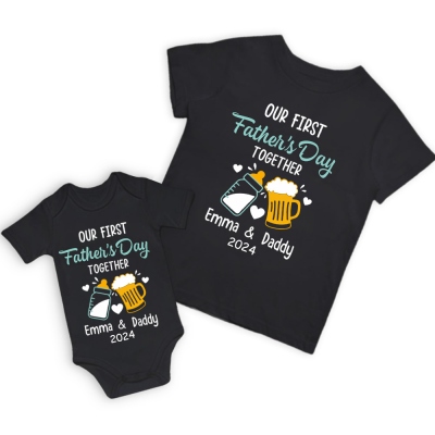 Gepersonaliseerde bier & fles bijpassende shirts, ons eerste vaderdag samen shirt, katoenen bodysuit, vader en baby shirt, vaderdagcadeau voor papa