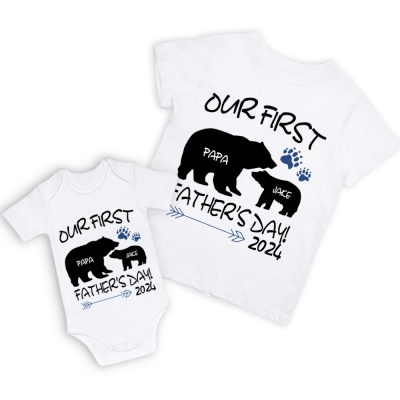 Custom Daddy Bear & Baby Bear T-shirt, ons eerste vaderdagshirt, familiecadeau, katoenen bijpassende shirt, vaderdagcadeau, cadeau voor papa/baby