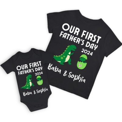 Custom Tyrannosaur T-shirt, ons eerste vaderdagshirt, familiecadeau, katoenen bijpassende shirt, vaderdagcadeau, cadeau voor papa/baby