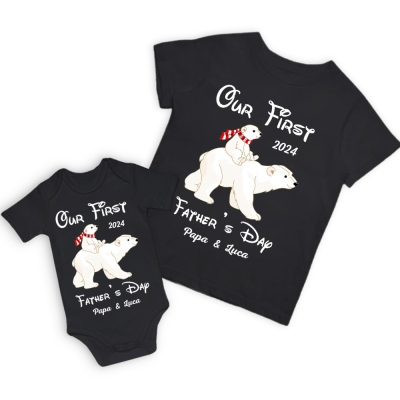 Benutzerdefiniertes Eisbär-T-Shirt und Baby-Strampler, unser erstes Vatertagsshirt, Familiengeschenk, passendes Baumwollshirt, Vatertagsgeschenk, Geschenk für Papa/Baby