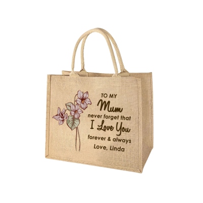 Personalized Name Birth Flower Burlap Tote Bag, Mom's Jute Bag with Handle, Grocery Shopping Bag Beach Bag, Mother's Day Gift for Mother/Grandma/Wife