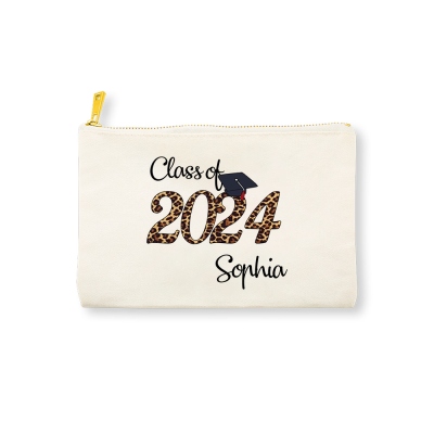 Make-up-Tasche mit personalisiertem Namen für die Abschlussklasse 2024, Kosmetiktasche aus Canvas mit Reißverschluss und Junggesellenmütze, Geschenk zum Schulabschluss für Familie/Freunde