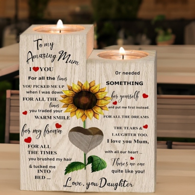 Personalisierter Foto-Doppelkerzenständer mit bunter Sonnenblume, personalisierter Herz-Kerzenständer aus Holz, Muttertags-/Geburtstagsgeschenk für Mama/Großmutter