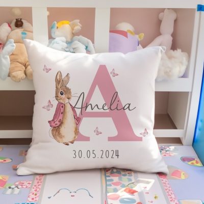 Custom Peter Rabbit Cushion Throw Pillow Case Cover with Name, Personalized Bunny Nursery Decor, New Baby Girl/Boy Gifts, Gifts for Bunny Lovers