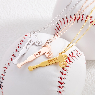 Personalisierte Baseballschläger-Anhänger-Halskette für Frauen, personalisierter Name und Nummer aus Sterlingsilber, Sportschmuck, Geburtstagsgeschenk für Baseballliebhaber/-spieler/sie