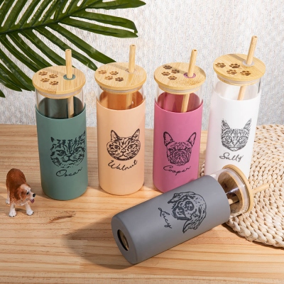 Personalized Pet Portrait Glass Cup, Custom Pet Photo Silicone Sleeved Tumbler with Bamboo Lid & Straw, Birthday/Anniversary Gift for Pet Lover/Owner