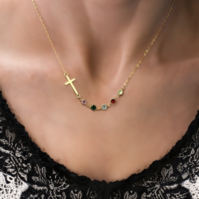 Personalisierte Halskette mit seitlichem Kreuz mit mehreren Geburtssteinen, Schmuck aus 925er Sterlingsilber mit Geburtssteinen, Geschenk zum Geburtstag/Jahrestag/Muttertag für Sie