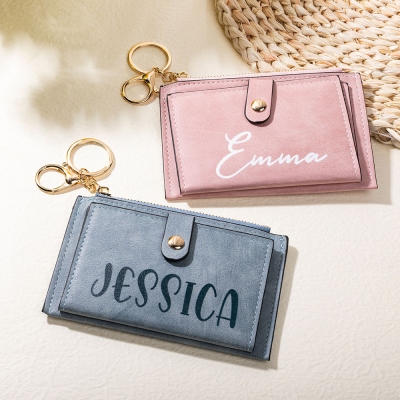 Bärbar vattentät plånbok med personligt namn, anpassad läderplånbok med flera färger, korthållare för resenyckelring, födelsedagspresent till mamma/familj