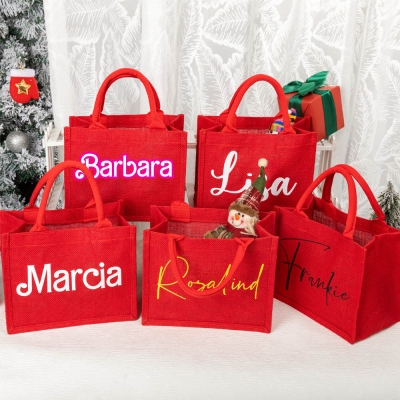 Personliga röda presentpåsar, återanvändbara julpåsar, söta Barbi-påsar med handtag, stora presentpåsar för presenter, presentpapper, shoppingpåsar för julhelgen
