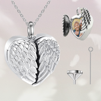 Custom Photo Angel Wing Cremation Urn Necklace for Ashes, Sterling Silver 925 Cremation Jewelry, Memorial Keepsake, Gift for Pet Loss/Baby/Friend