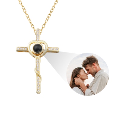 Personalized Cross Projection Heart Necklace, I Love You in 100 Languages, Sterling Silver 925 Christian Necklace, Gift for Mom/Grandma/Lover