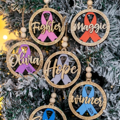 Cancer Awareness Ornaments, Cancer Fighter/Hope/Survivor Ornament, Breast/Pancreatic Cancer Bulk Items, Pink Ribbon Wooden Christmas Tree Decorations