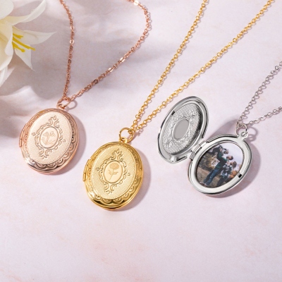 Personalized Birth Flower Oval Locket Necklace with Photo, Custom Picture Oval Necklace, Birthday/Anniversary/Mother's Day Gift for Mom/Her/Family