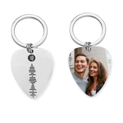 Personalized Photo Music Code Keychain, Stainless Steel Guitar Pick Keyring, Musician Gifts for Guitarist, Birthday/Anniversary Gift for Family/Couple