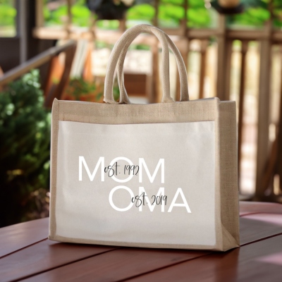 Personalisierte Jutetasche für Mama mit Namen, Personalisierte Einkaufstasche aus Sackleinen, große Einkaufs-/Strandtaschen mit Henkeln, Muttertags-/Geburtstagsgeschenk Mama/Großmutter/Sie