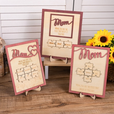 Personalized Mom's Puzzle Sign with Kid Name, Heart Charm Puzzle Ornament, Wooden Home Decor, Mother's Day/Birthday Gift for Mom/Grandmom