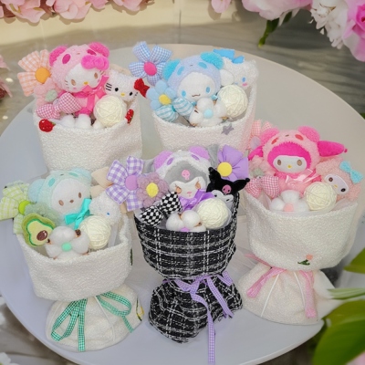 Simpatico bouquet di bambola di peluche Kawaii, adorabile mini bouquet di cartoni animati di compleanno, bomboniera, compleanno/anniversario/regalo di Natale per donne/ragazze