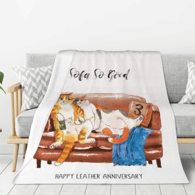 Personalized Happy Leather Anniversary Blanket, Cute Cat Couples Blanket, 3rd Anniversary Blanket, Funny Anniversary Gift for Couple/Husband/Wife