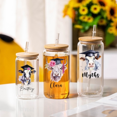 Custom Name Highland Cow Glass Cup, 12/16/20oz Tumbler with Straw & Bamboo Lid, Coffee Tea Mug, Graduation Gift, Gift for Graduate/Cow Lover/Family