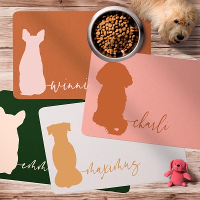 Personalized Name Cute Puppy Contour Feeding Mat, Custom Monogram Pet Food Placemat, Boho Place Mat, Housewarming/Birthday Gift for Pet Lover/Dog Mom