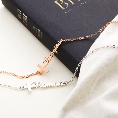 Bracelet personnalisé avec nom croisé, bijoux avec nom d'écriture manuscrite en argent sterling 925, cadeau de baptême/première communion, cadeau d'anniversaire/fête des mères pour elle/maman