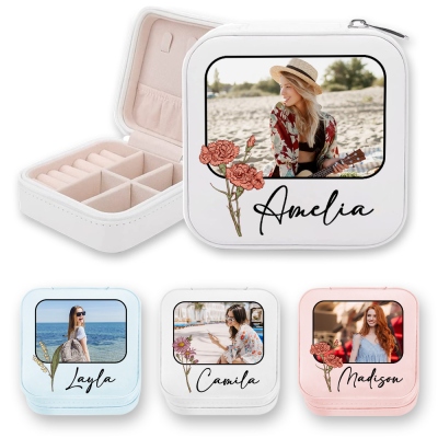 Personalized Photo & Name Vintage Birth Flower Jewelry Box, Leather Travel Jewelry Case, Bachelorette Party Favor, Gift for Mom/Grandmom/Bridesmaid