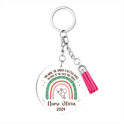 Personalized Acrylic Rainbow Nurse Keychain with Tassel, Thank You Doctor Keychain RN Accessories, You Make the World a Better Place, Graduation Gift