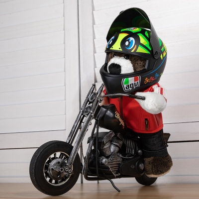 Personlig minimotorcykelracernalle med hjälm, anpassat namn och nummer AGV Motorcykelbjörn plyschleksak, present till motorcykelåkare/björnälskare