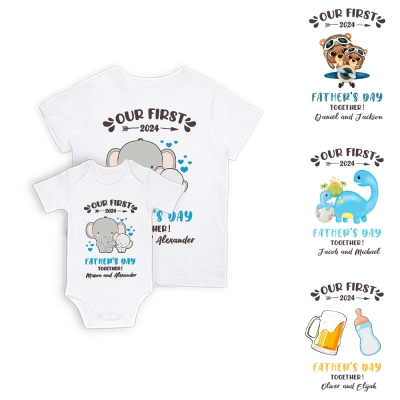 Anpassa vår första fars dag förälder-barn kläder matchande skjortor, elefantbjörn bomull pappa T-shirt & babybodyset, present till nybliven pappa/nyfödd