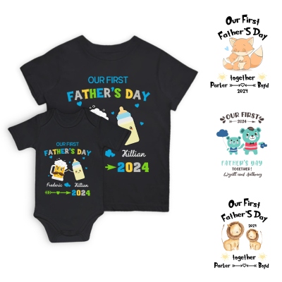Custom Our First Father's Day Parent-Child Clothing Matching Shirts, Fox Bear Lion Cotton Daddy T-Shirt & Baby Bodysuit Set, Gift for New Dad/Newborn