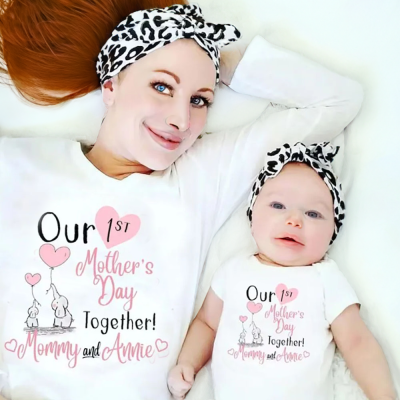 Anpassa vår första mors dag förälder-barn kläder matchande skjortor, elefant ballong bomull mamma T-shirt & baby bodysuit set, present till ny mamma/nyfödd