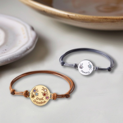 Bracelet personnalisé en corde de cuir avec breloque en forme de fleur avec pierre de naissance, bracelet en pierre de naissance, bijoux pour femmes, cadeau d'anniversaire/fête des mères pour maman/grand-mère/elle