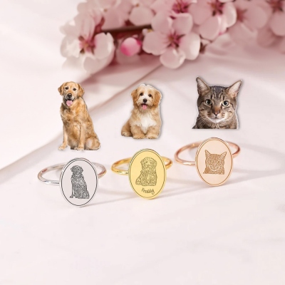 Custom Name Pet Portrait Signet Ring, Personalized Pet Photo Ring, Sterling Silver 925 Pet Engraved Jewelry, Gift for Pet Owner/Pet Lover