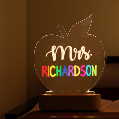 Personalized Colorful Name Apple Night Light, Custom Teacher Desk Name Plate, Teacher Appreciation Gift, Back to School Gift, Gift for Teacher