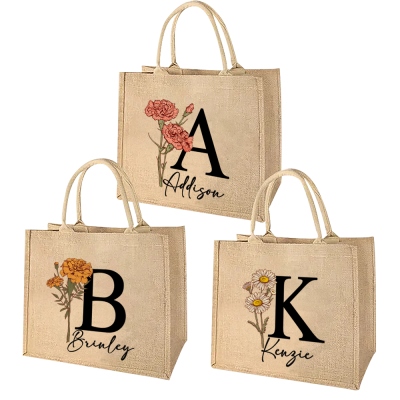 Custom Initial & Name Birth Flower Burlap Tote Bag, Floral Jute Bag, Shopping Bag Beach Bag, Wedding Party Favor, Gift for Mom/Her/Friend/Bridesmaids