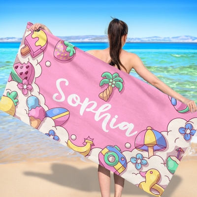 Personalized Name Cartoon Beach Towel, Custom Summer Vibe Superfine Fiber Quick Dry Towel, Pool Party Favor, Vacation Gift for Kid/Adult/Family