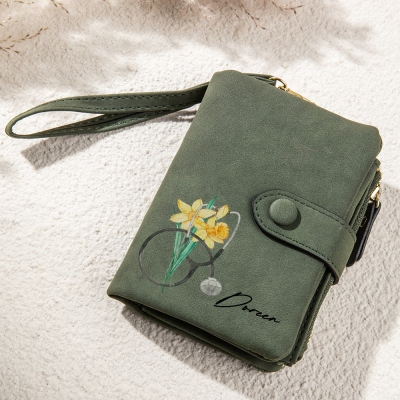 Personalized Colorful Birth Flower Stethoscope Nurse Wallet, Custom Leather Trifold Wallet with Coin Holder, Thank You Gift for Doctor/Medical Staff