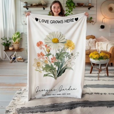 Personalized Mom's Garden Bouquet Blanket, Custom Birth Flower Blanket with Kid Name, Flannel Family Blanket, Mother's Day Gift for Mom/Grandmom