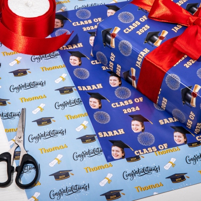 Custom Graduation Wrapping Paper with Name/Photo, Class of 2024 High School College Graduation Present Wrap, Graduation Gift for Students/Classmates