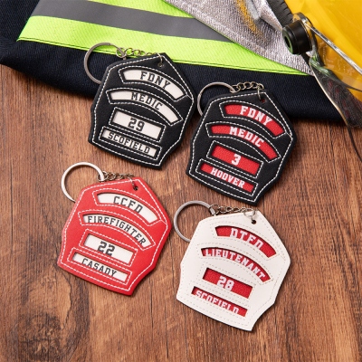 Personalized Firefighter Shield Keychain with Message, Customized Leather Fireman Helmet Keychain, Thank You Gift, Gift for Firefighter/Family