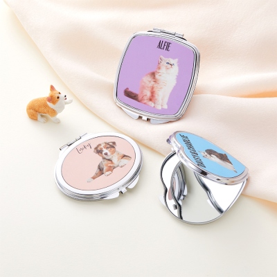 Personalized Pet Photo Compact Mirror, Pet Portrait Makeup Mirror in Square, Heart & Oval Shape, Portable Pocket Travel Mirror, Gift for Pet Lovers
