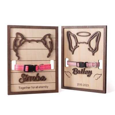 Personalized Pet Collar Memorial Wooden Frame, Dog/Cat Ear Art Collar Standing Holder, Loss of Dog/Cat Gift, Pet Remembrance Gift for Pet Lover/Owner