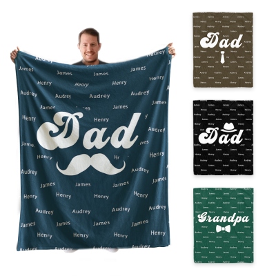 Custom Name Dad & Kids Blanket, Flannel & Sherpa Family Blanket with Kids Names, Housewarming Decor, Father's Day/Birthday Gift for Dad/Grandpa/Him