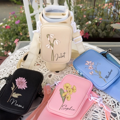 Custom Name Birth Flower Tumbler Carrier Bag with Pouch, Cup Holder Pouch with Handle, Tumbler Accessory, Compatible with 40oz Tumbler, Gift for Her