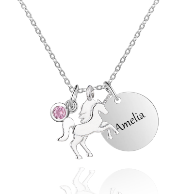 Personalized Lucky Unicorn Necklace with Birthstone, Custom Kid Name Engraved Necklace, Birthday/Children's Day Gift for Girl/Daughter/New Mom