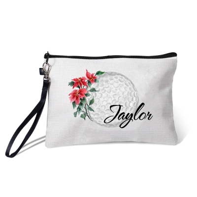 Personalized Birth Flower & Name Golf Cosmetic Bag, Custom Flax Sports Makeup Bag, Sports Accessory, Sports Gift for Golf Team/Player/Coach