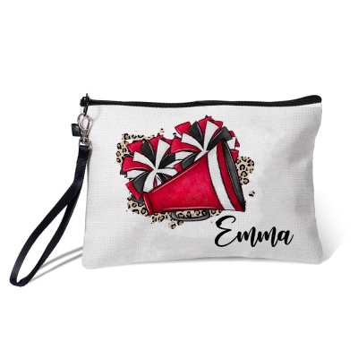 Personalized Name Cheerleading Cosmetic Bag, Linen Travel Makeup Pouch with Wrist Strap, Sports Accessory, Sports Gift for Cheerleading Women/Girls