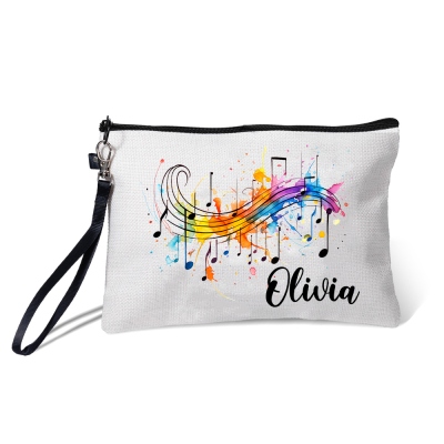 Personalized Name Colorful Music Note Cosmetic Bag, Linen Makeup Pouch with Wrist Strap, Performer Accessory, Gift for Musician/Music Lover/Conductor