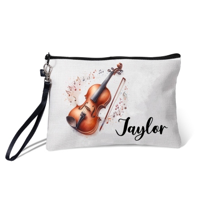 Custom Name Musical Instrument Cosmetic Bag, Linen Makeup Pouch with Wrist Strap, Performer Accessory, Gift for Music Lover/Musician/Pianist/Guitarist